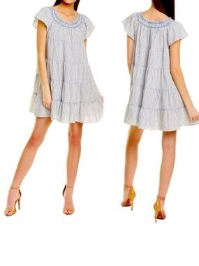 MAX STUDIO Tiered Dress Size Large Blue White Striped Smocked Coastal Vacation